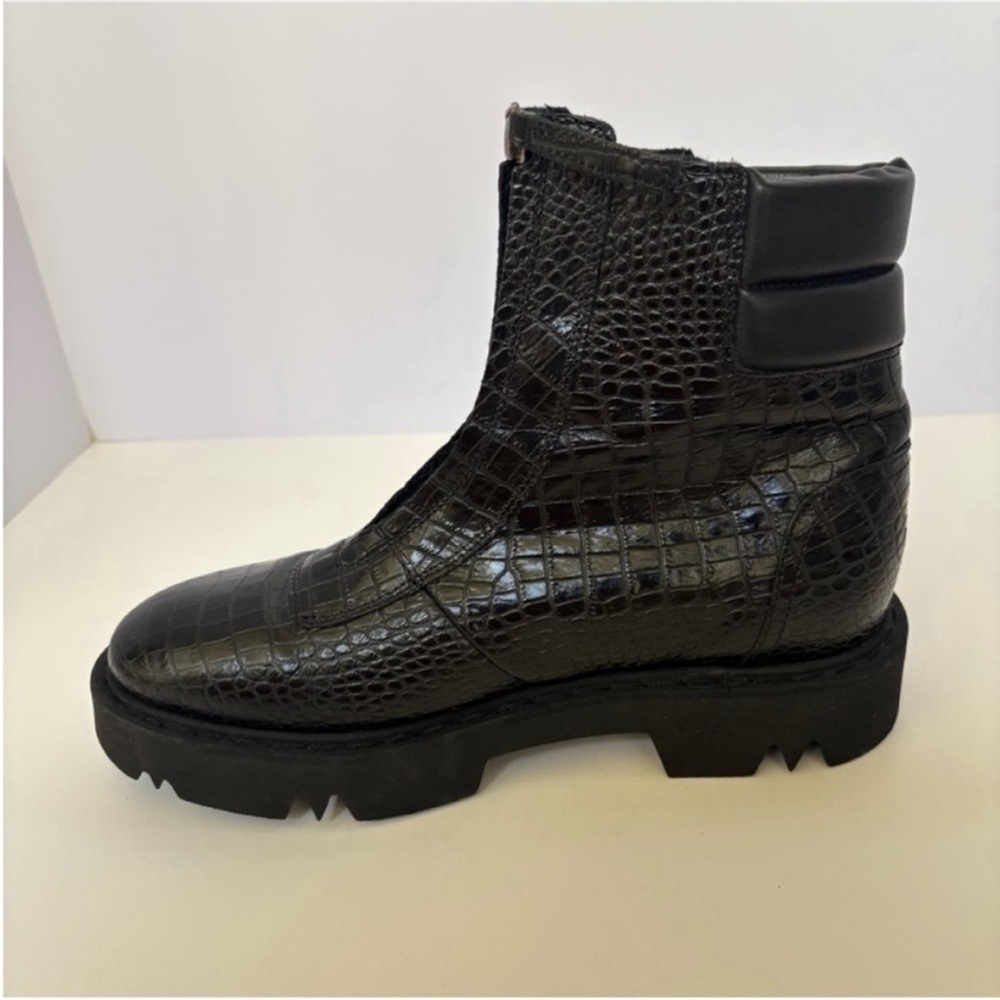 Aquatalia Combat Weatherproof Boots Moto Croc Embossed Leather Black Size 10.5 - Picture 13 of 16
